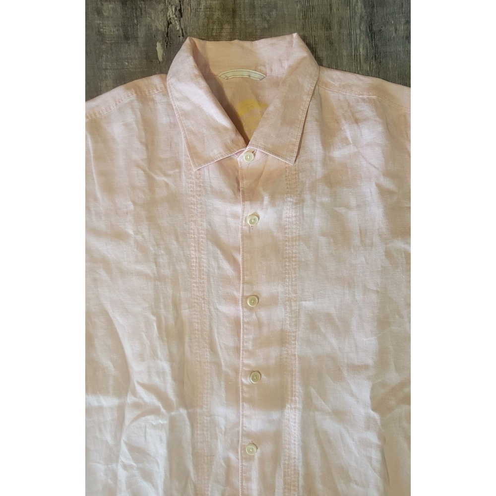 Tommy Bahama Relax Men's‎ Large 100% Linen Button Up Short Sleeve Pink Shirt EUC